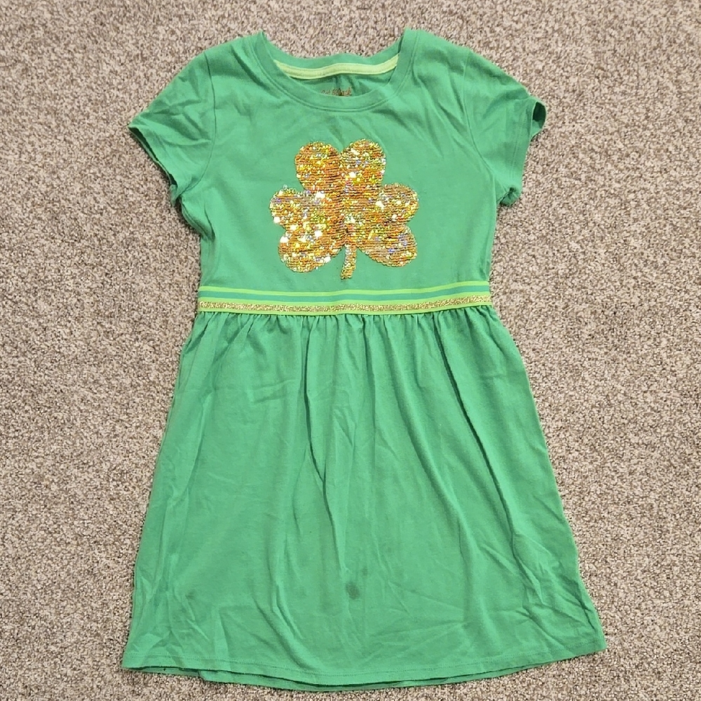 7/8 Medium Cat & Jack Green Kids Dress Gold Silver 4 leaf clover Sequin ☘️ 🍀